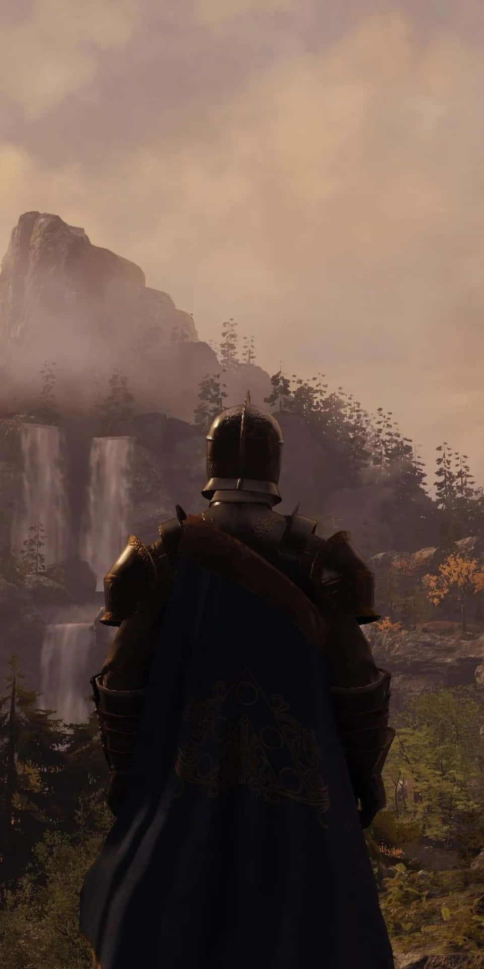 A Knight Is Standing In Front Of A Waterfall