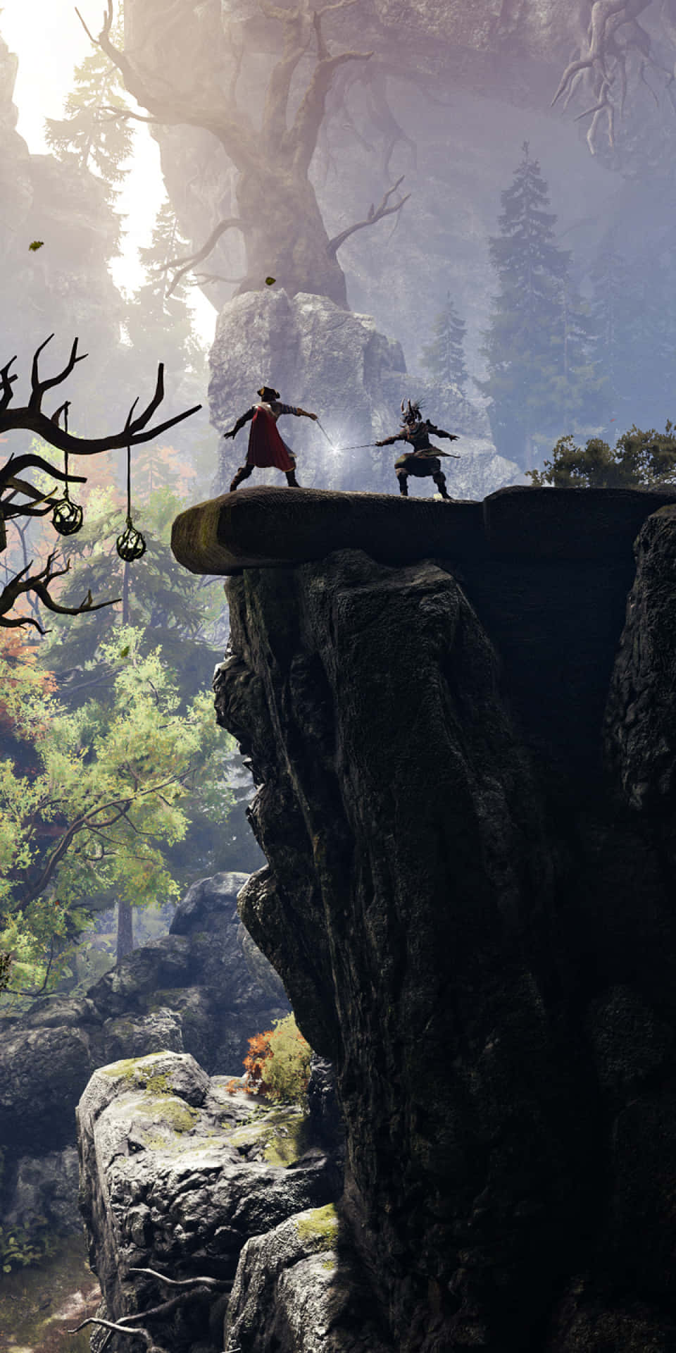 En mand står på en klippe i et videospil miljø.