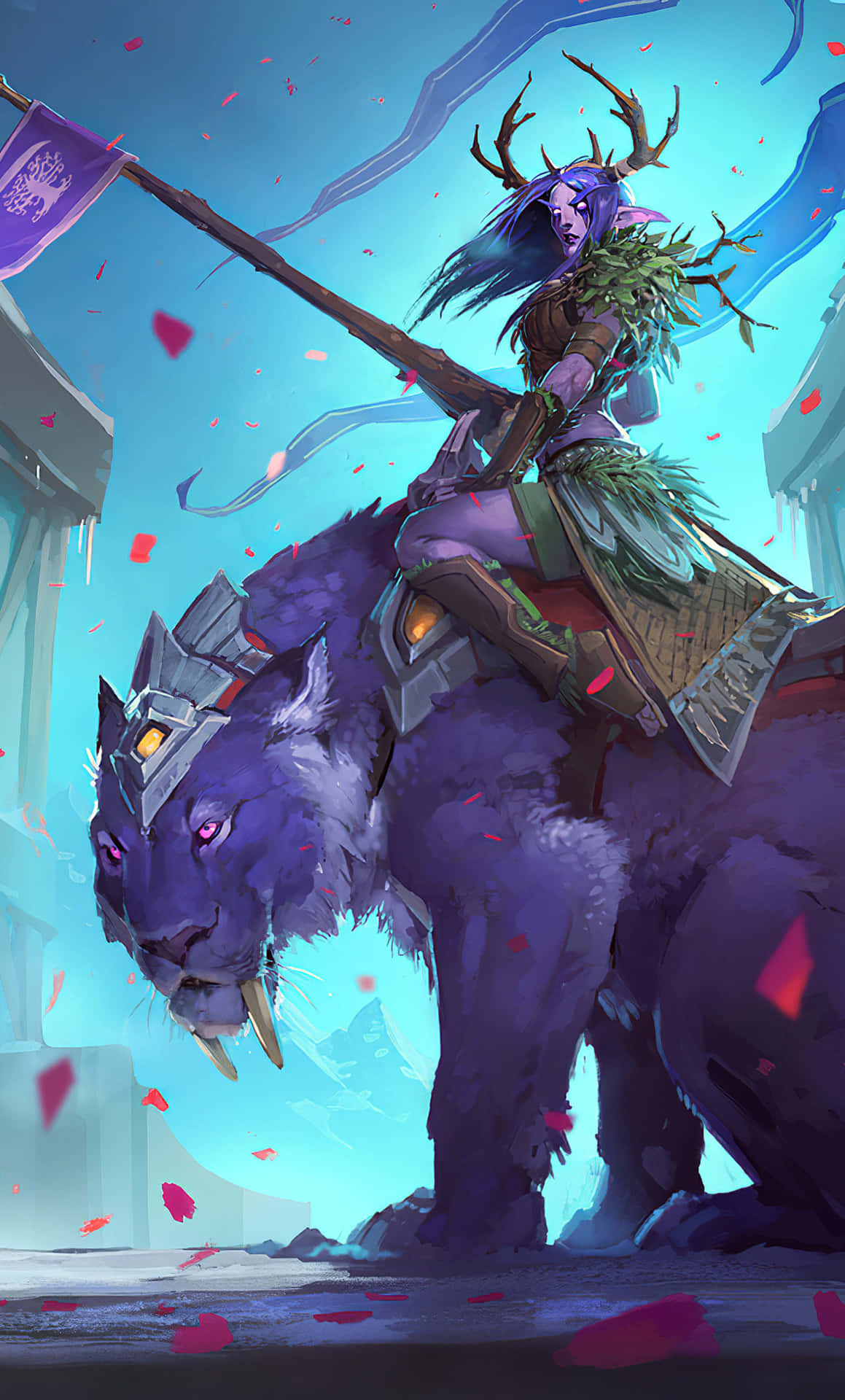 A Woman Riding A Purple Animal With A Sword