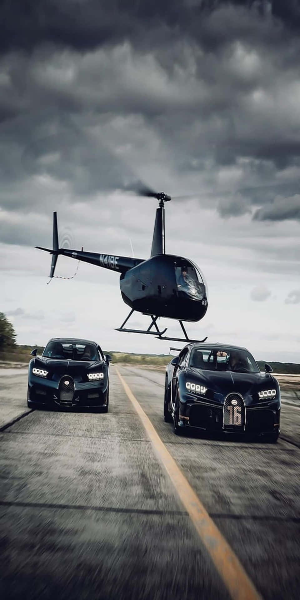 Dark Bugatti Chiron Cars With Pixel 3 Helicopter Background