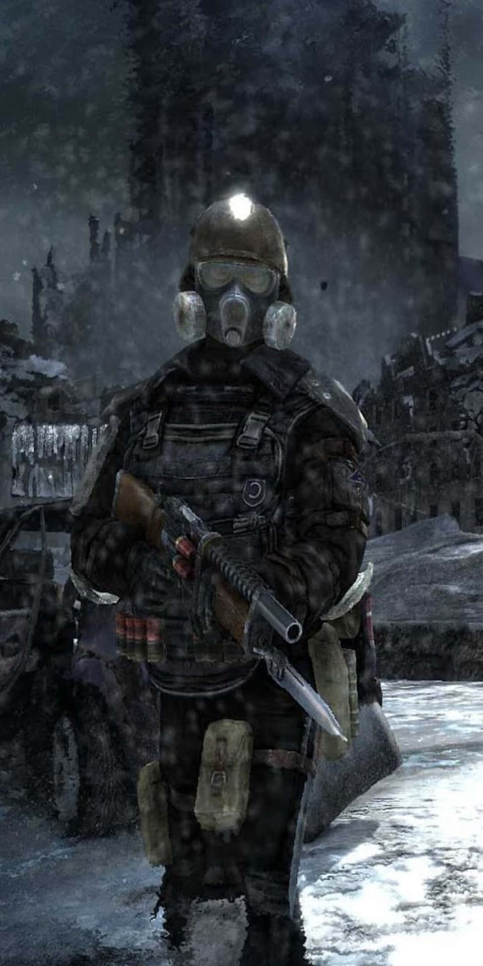 Soldatocon Una Maschera Antigas Sullo Sfondo Della Neve Di Metro 2033, Pixel 3.