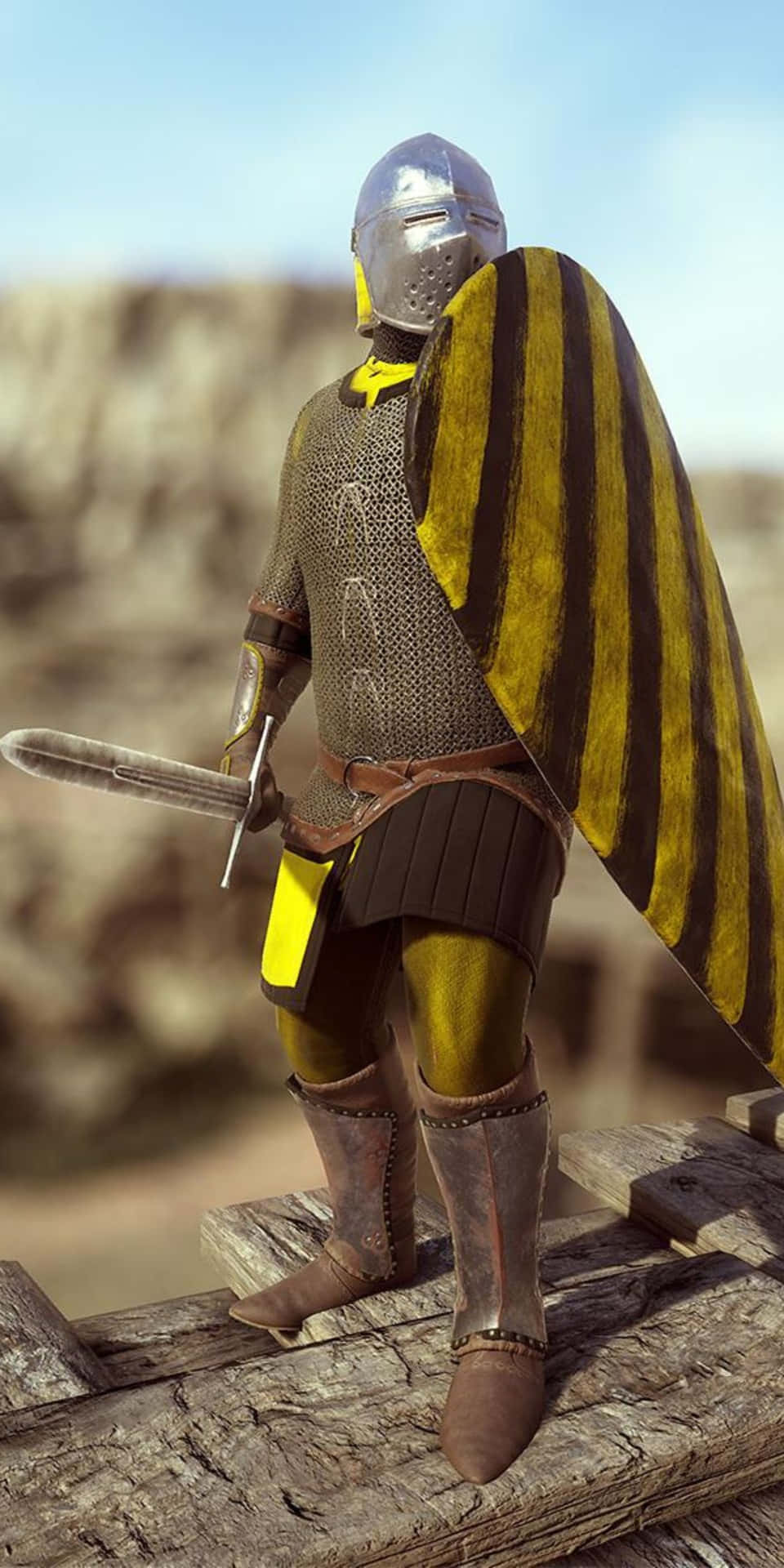 A Knight In Armor Is Standing On A Wooden Platform