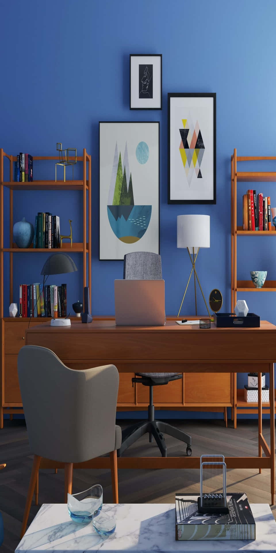 A Blue Office With A Desk And Bookshelves