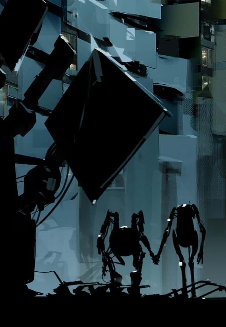 Pixel3 Portal 2 Bakgrund, Med Robotar Som Håller Varandras Händer.
