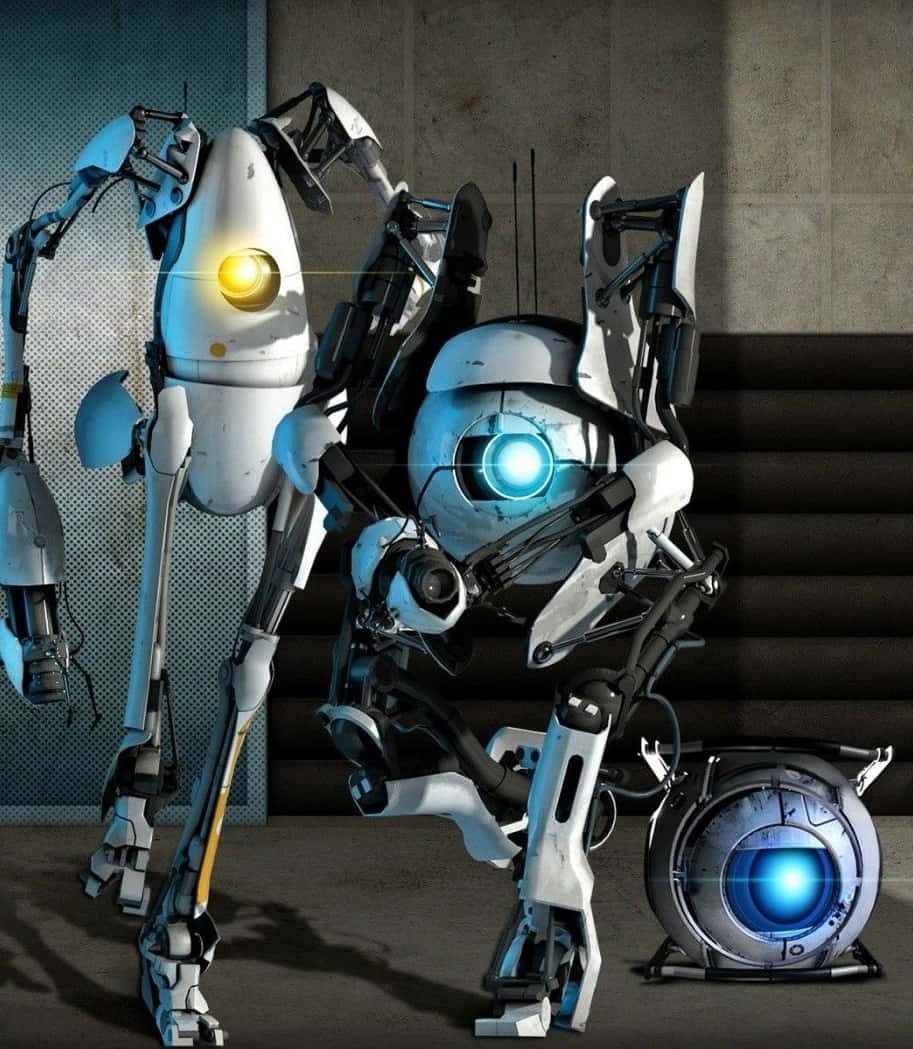 Pixel3 Portal 2 Bakgrund Med Tre Robotar.