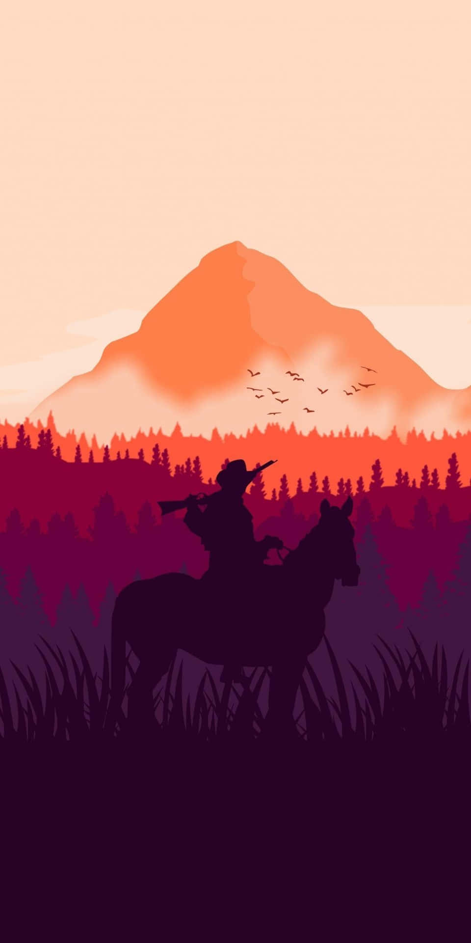 Pixel3 Sfondo Di Red Dead Redemption 2 Silhouette Di Un Cowboy Con Sfumature Viola E Arancioni