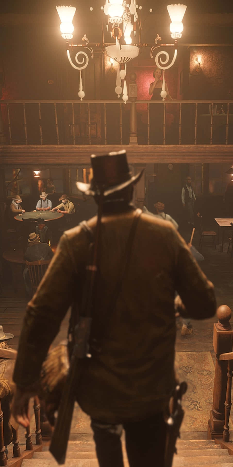 Sfondodi Pixel 3 Red Dead Redemption 2: Cowboy Che Scende Da Un Bar.