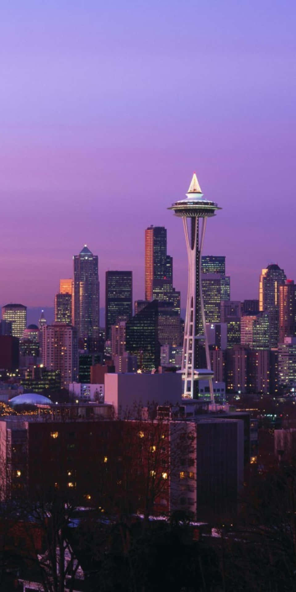 Seattle-skyskrabere set i skumringen med Space Needle i baggrunden