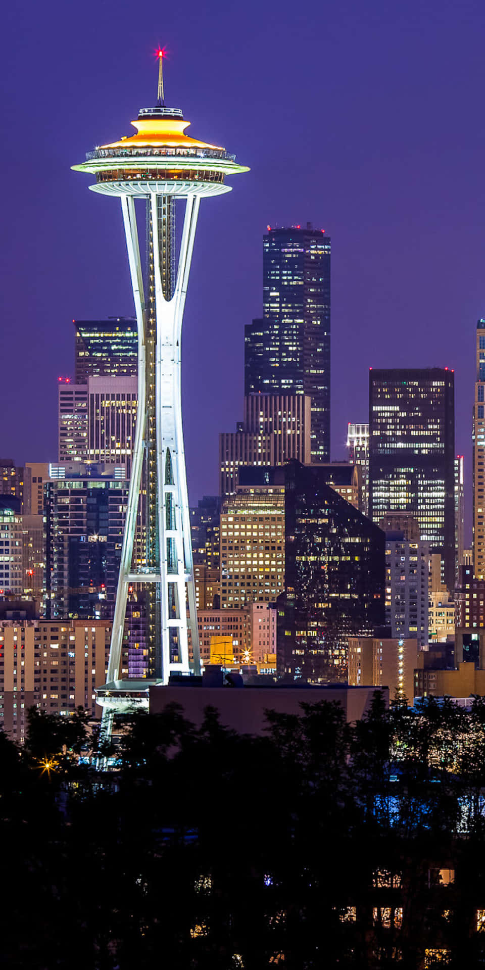 Beeindruckenderblick Auf Die Skyline Von Seattle Bei Einbruch Der Dunkelheit.