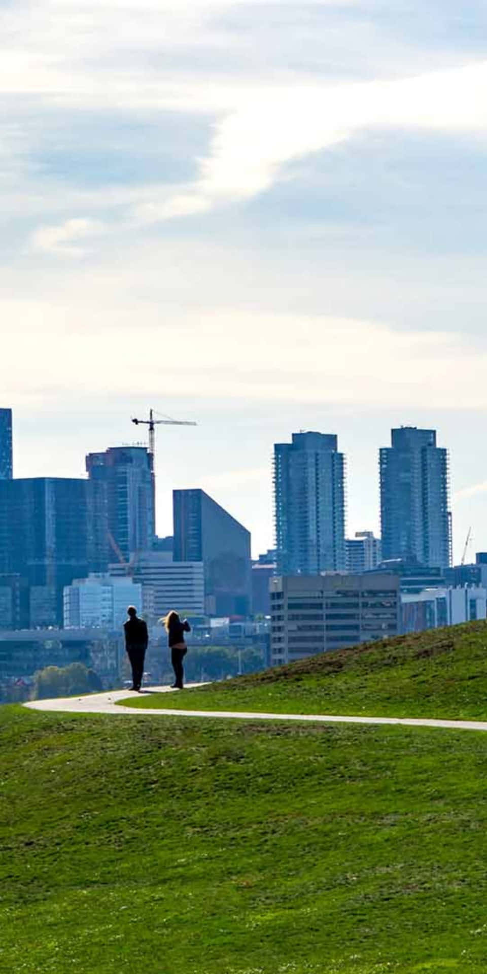 A City Skyline Is Seen From A Grassy Field
