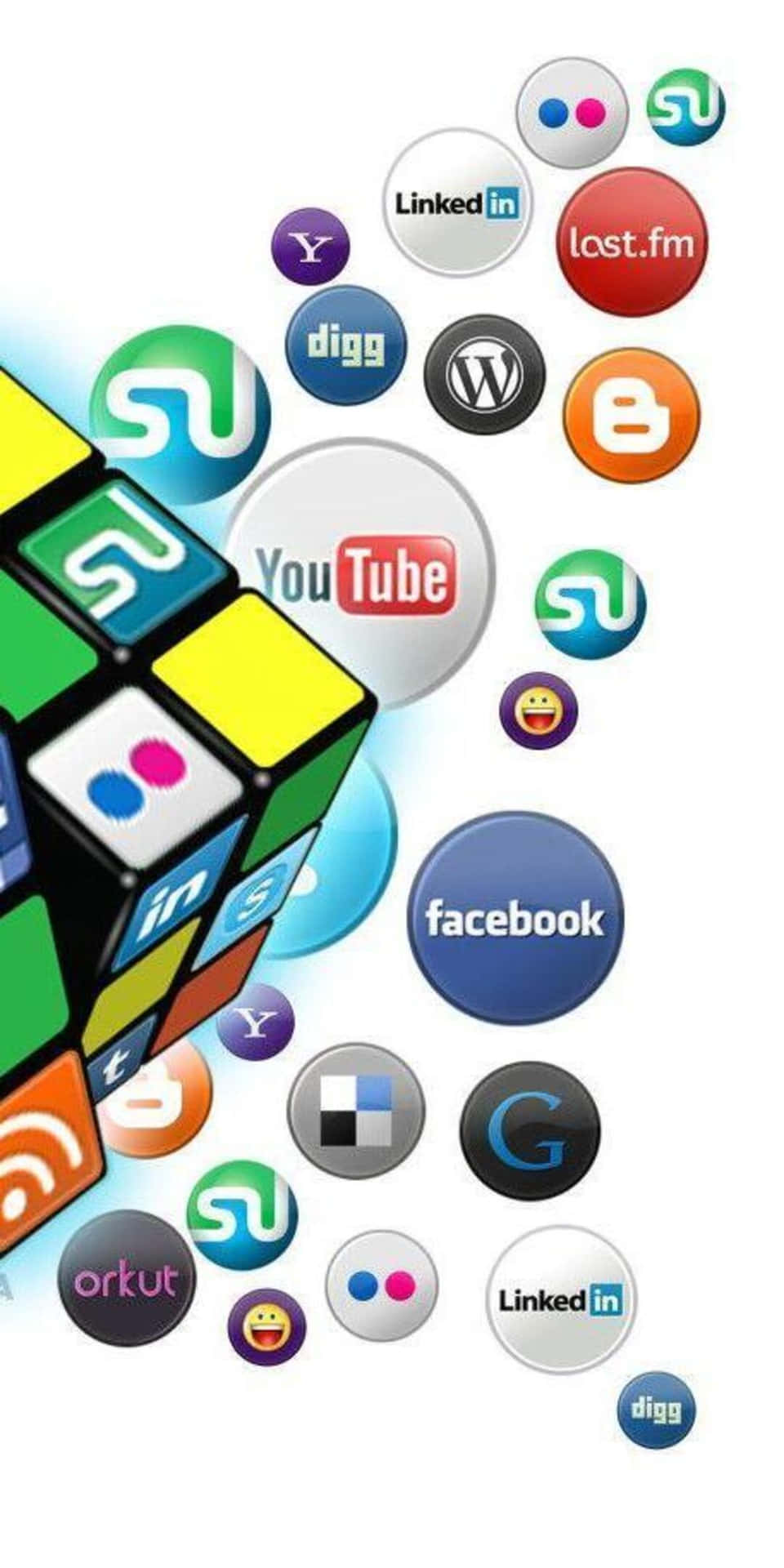 Fondode Pantalla De Pixel 3 Con Cubo Rubik Y Logotipos De Redes Sociales.