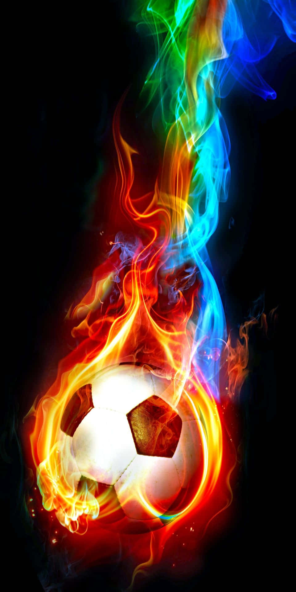 En fodbold i flammer på en sort baggrund