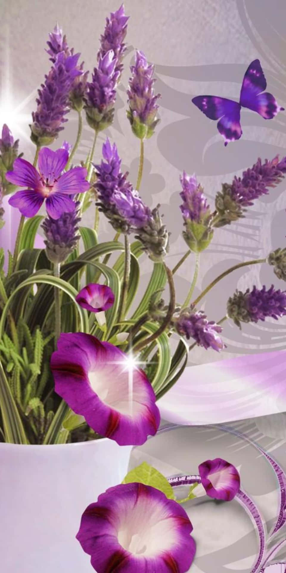 Purple Flowers In A Vase With Butterflies