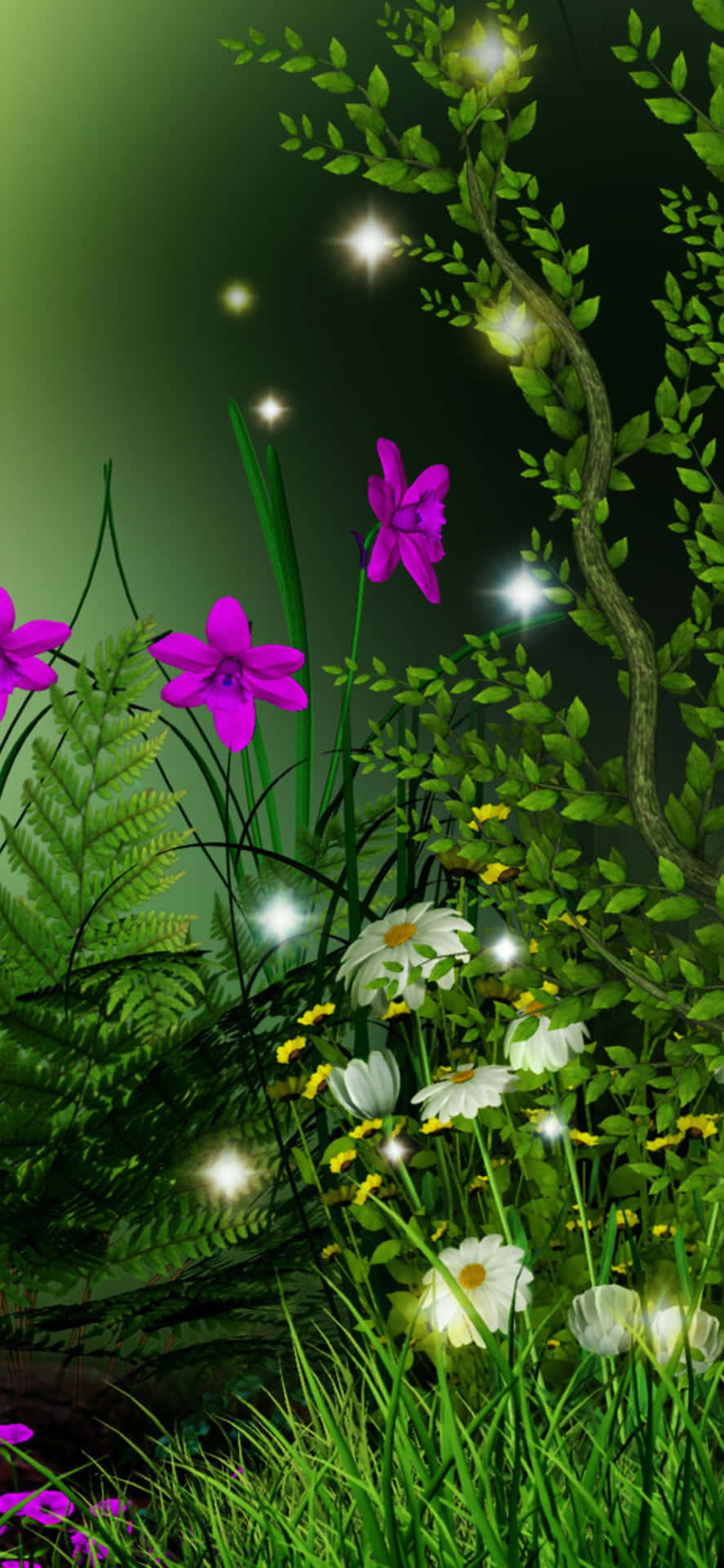 A Green Forest With Flowers And Butterflies
