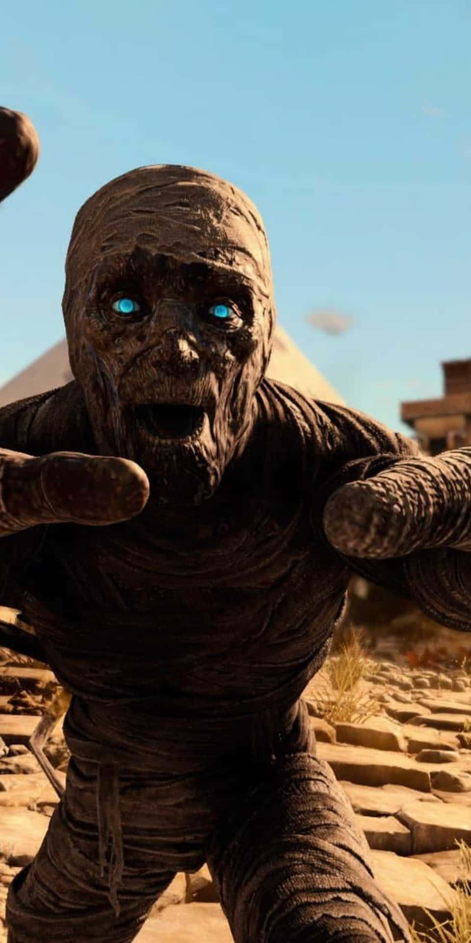 A Mummy With Blue Eyes Is Standing In The Desert