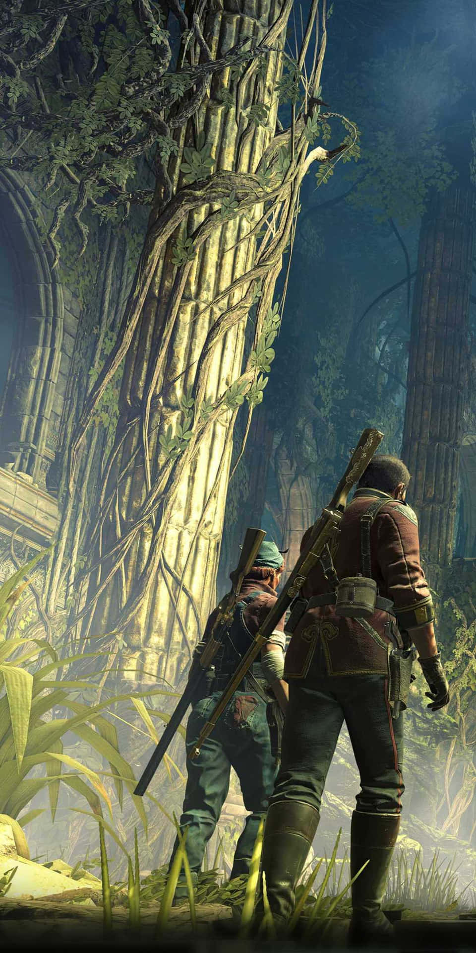 A Screenshot Of A Video Game With Two People In The Forest