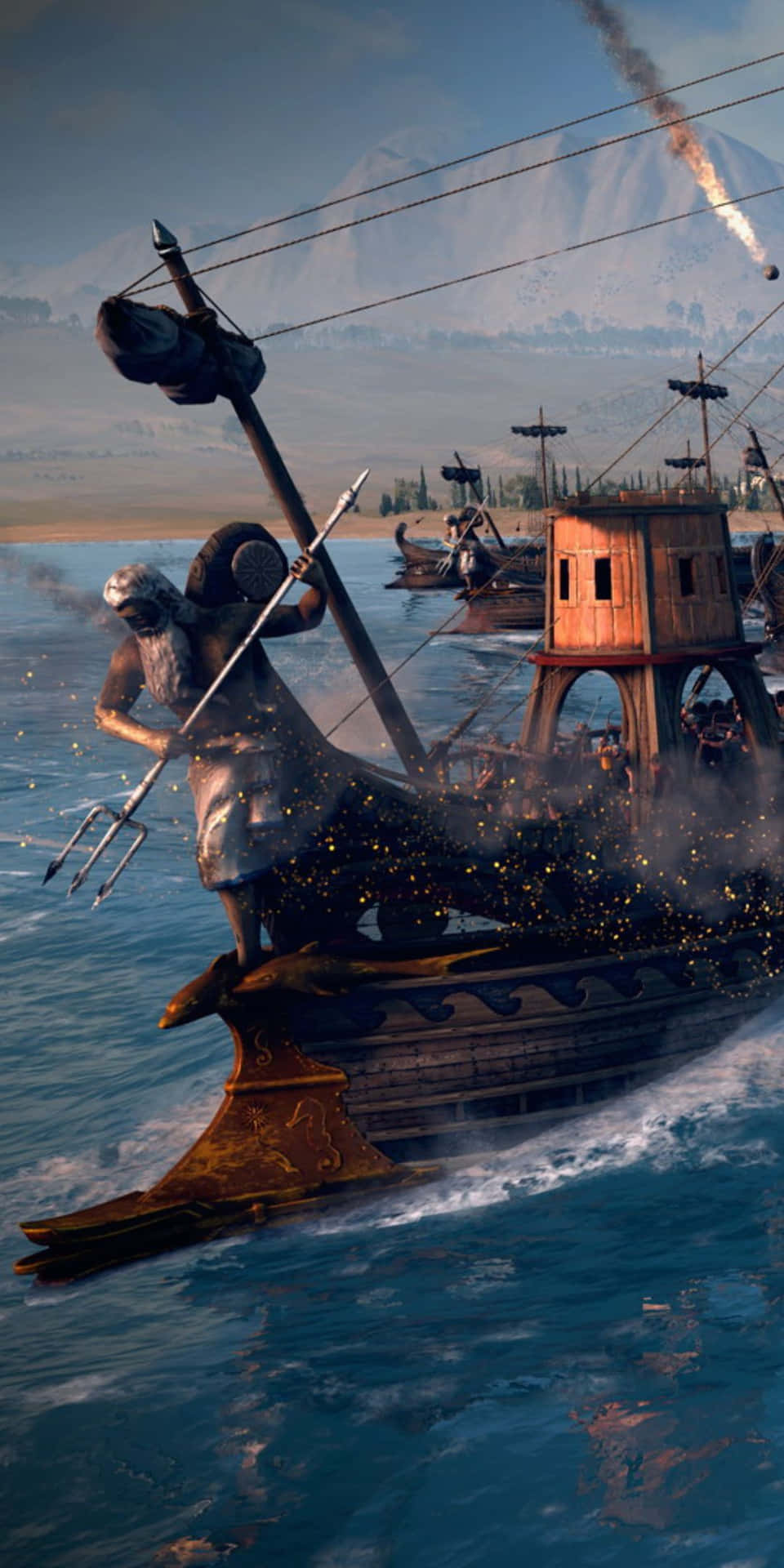 Pixel3 Bakgrundsbild Med Total War Rome 2, Krigsskepp Och Poseidons Staty.