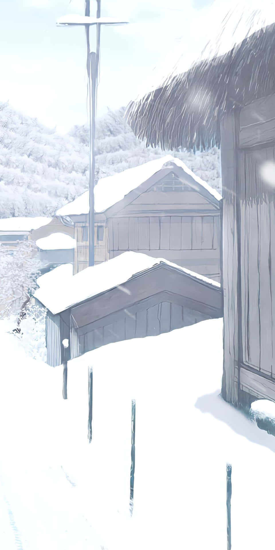 Pixel3 Winterhintergrund: Holzhäuser Im Schnee Bedeckt.