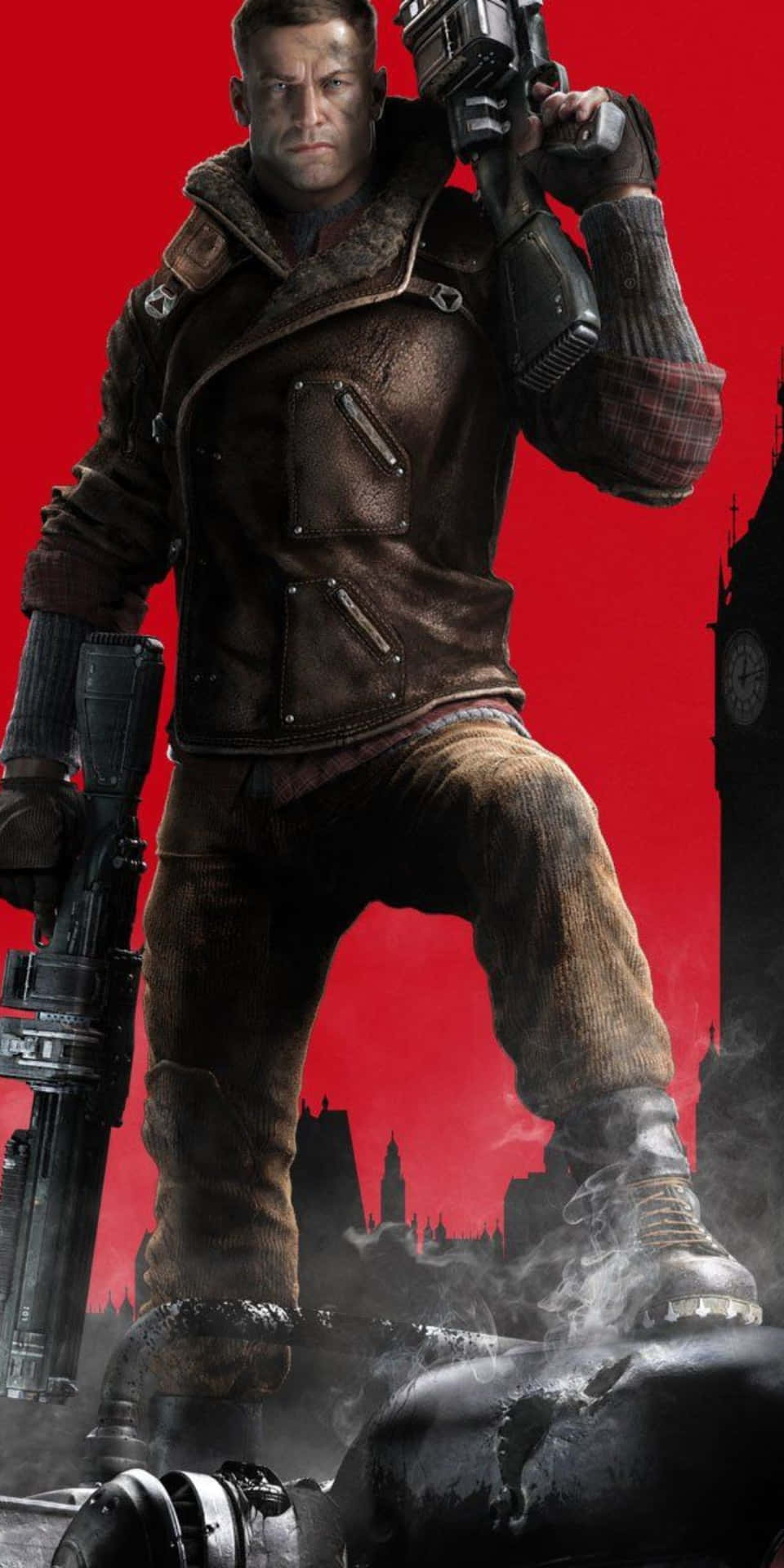 A Man Holding A Gun In Front Of A Red Background