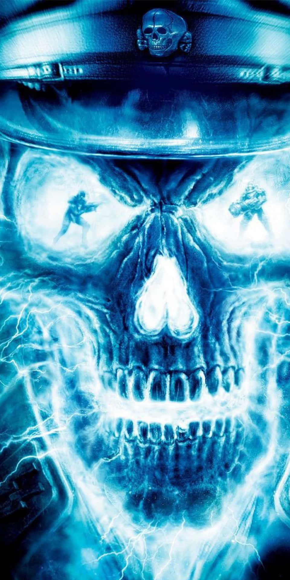 A Skull With A Blue Light Shining On It