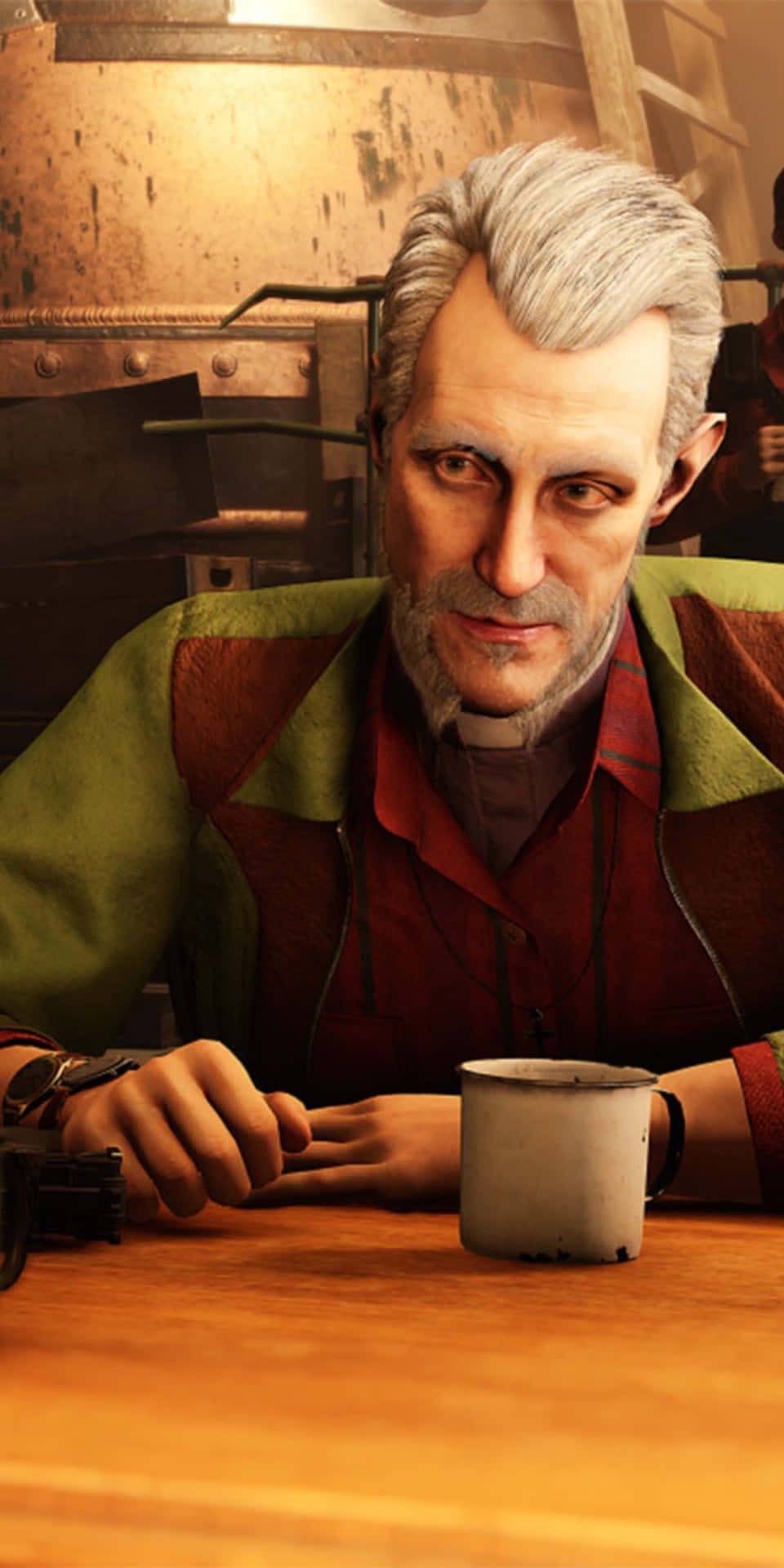 A Man Sitting At A Table With A Cup Of Coffee