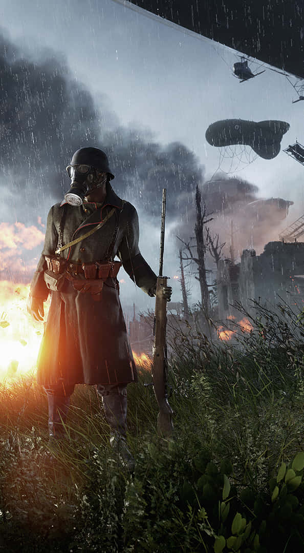 Fondode Pantalla Para Pixel 3xl De Battlefield 1: Soldado Enmascarado Con Gas Bajo La Lluvia.