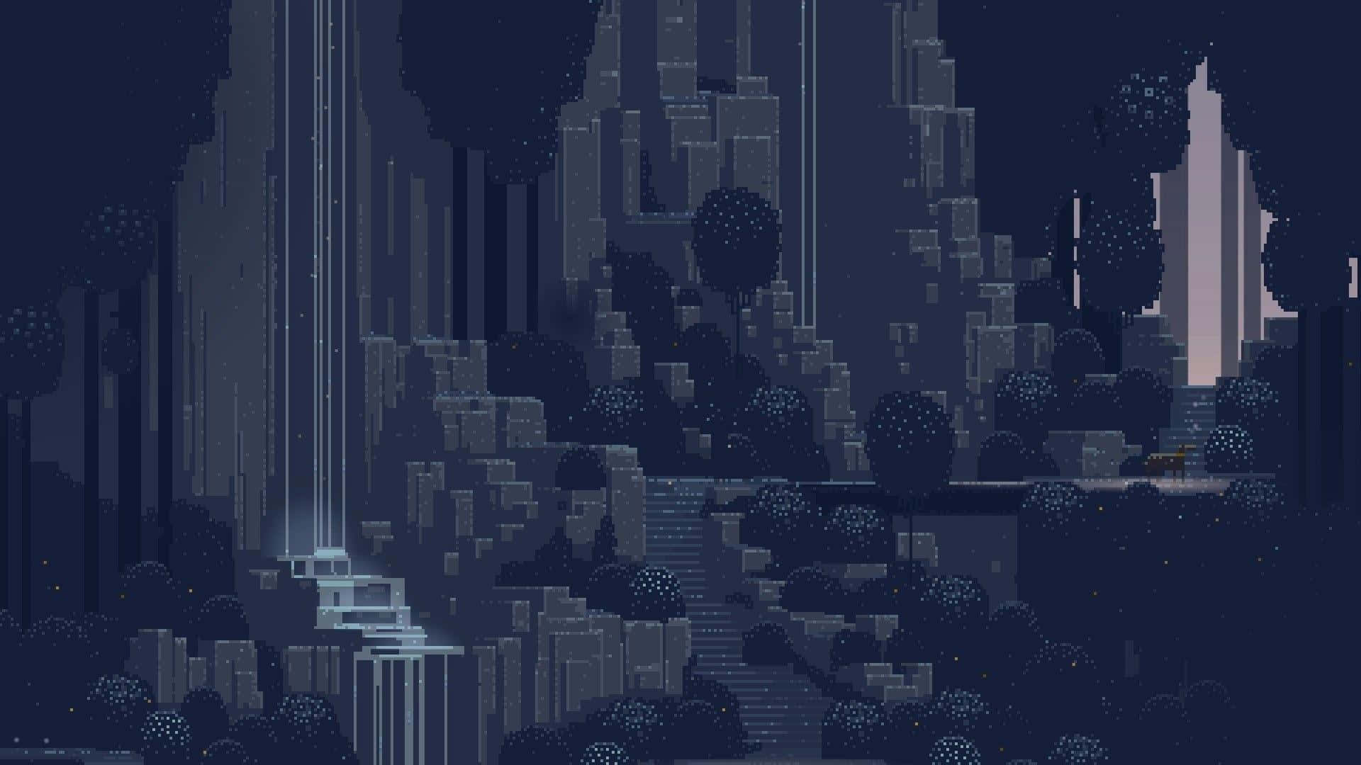 Pixel Art Of A Mountain With Waterfalls