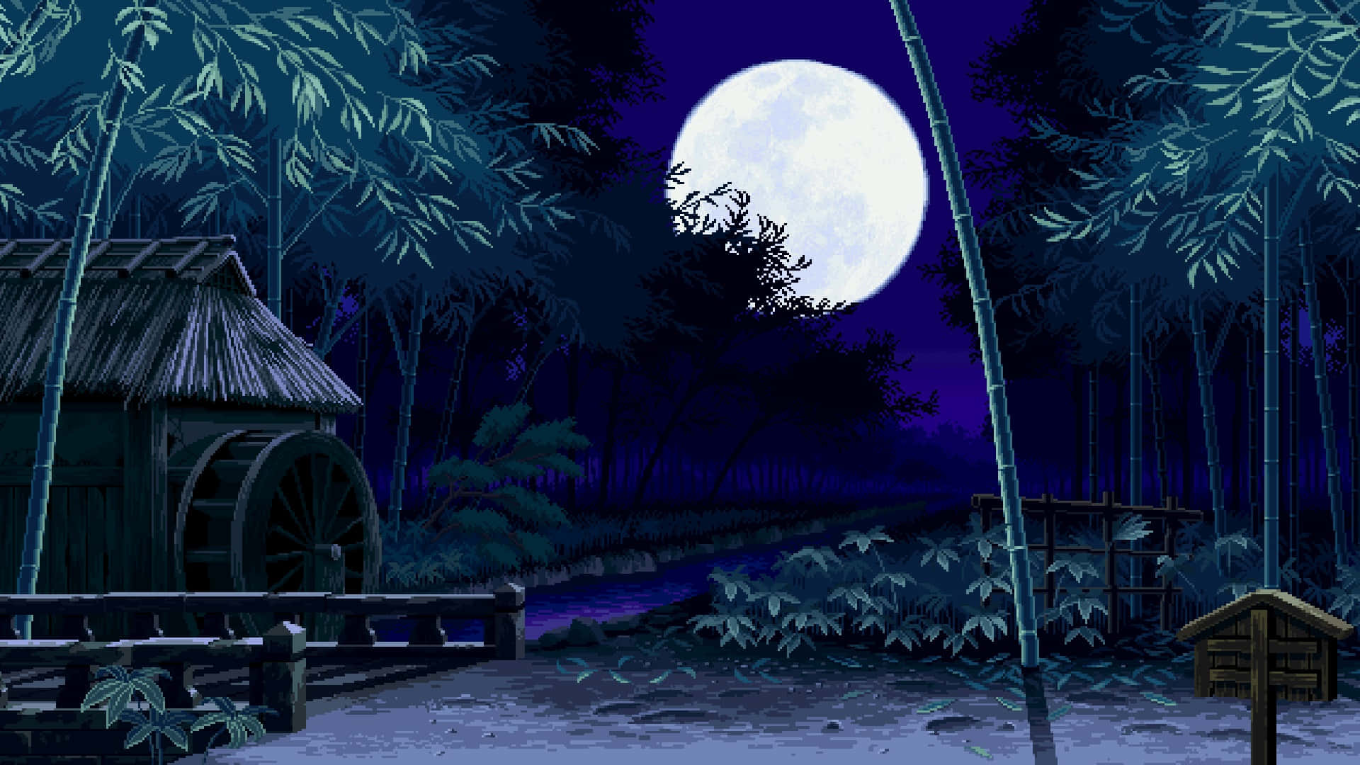 A Scene With A Bamboo House And A Full Moon