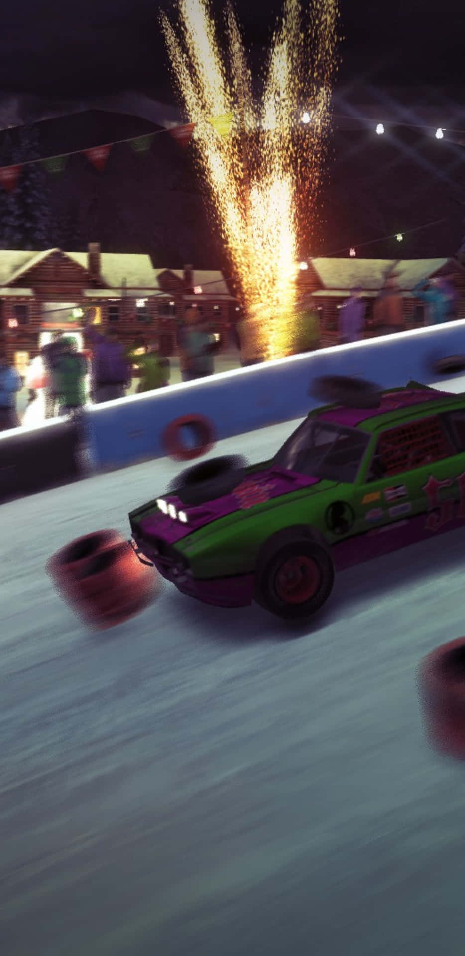 A Car Driving Down A Snowy Track With Fireworks