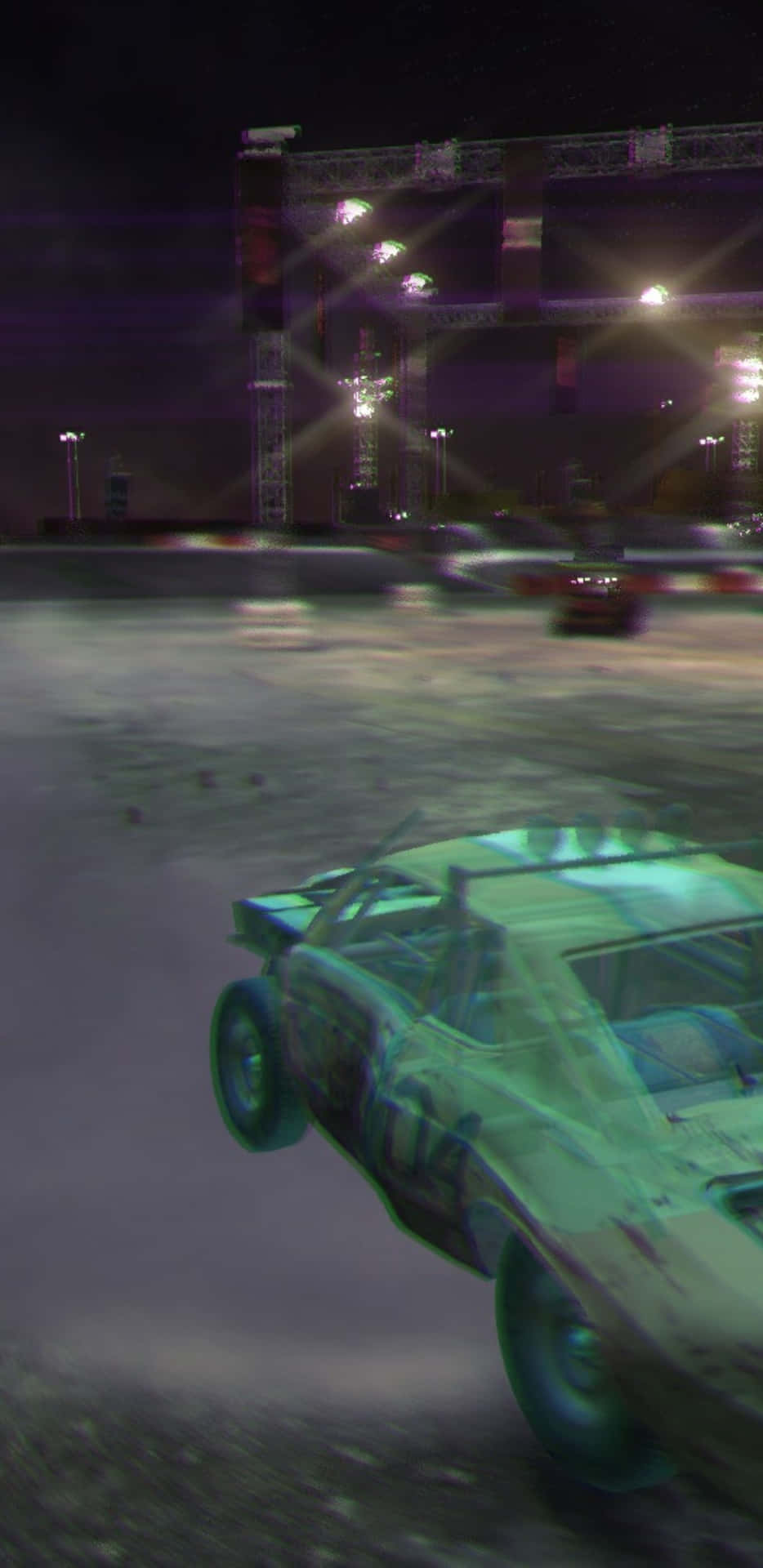 A Car Driving On A Dirt Track At Night
