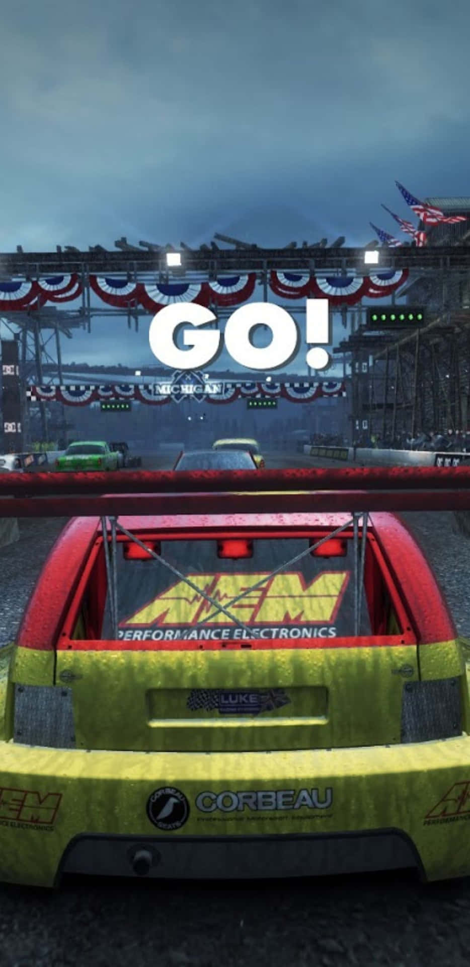 A Screenshot Of A Racing Game With A Car And Flag