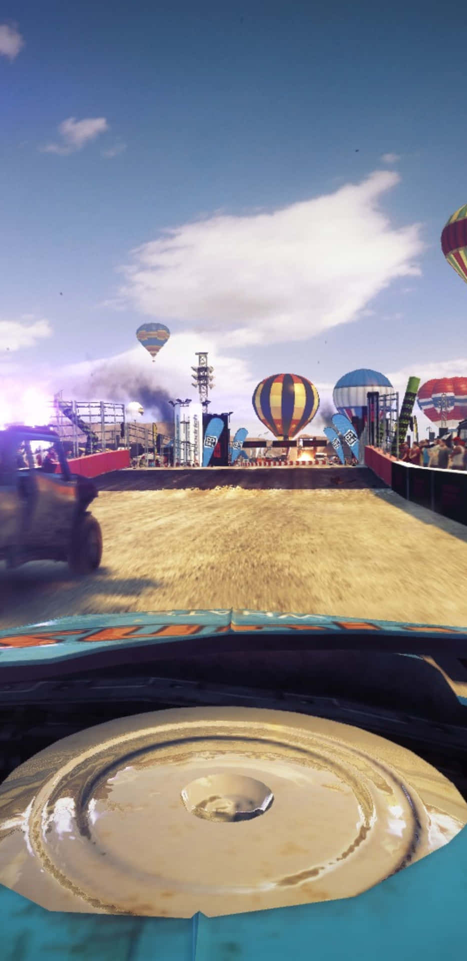 A Screenshot Of A Game With A Car And Hot Air Balloons