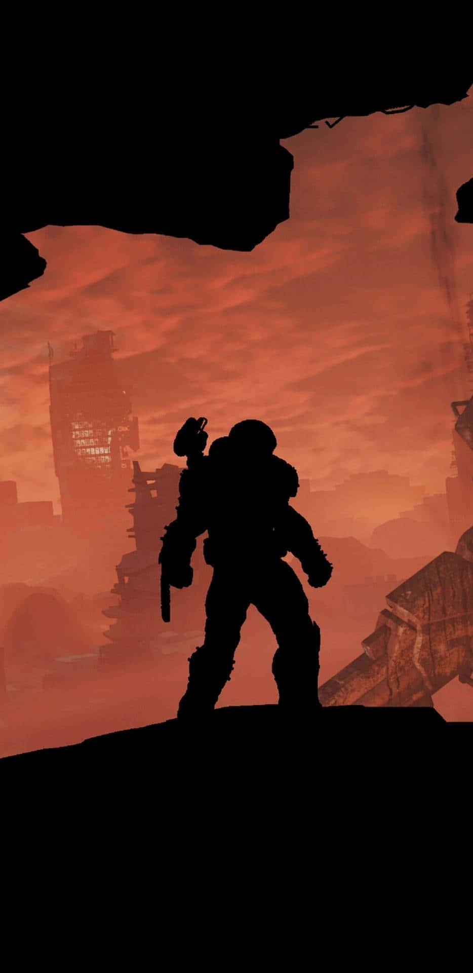 Porträttav Doom Guy Shadow På Pixel 3xl Med Doom-bakgrund.