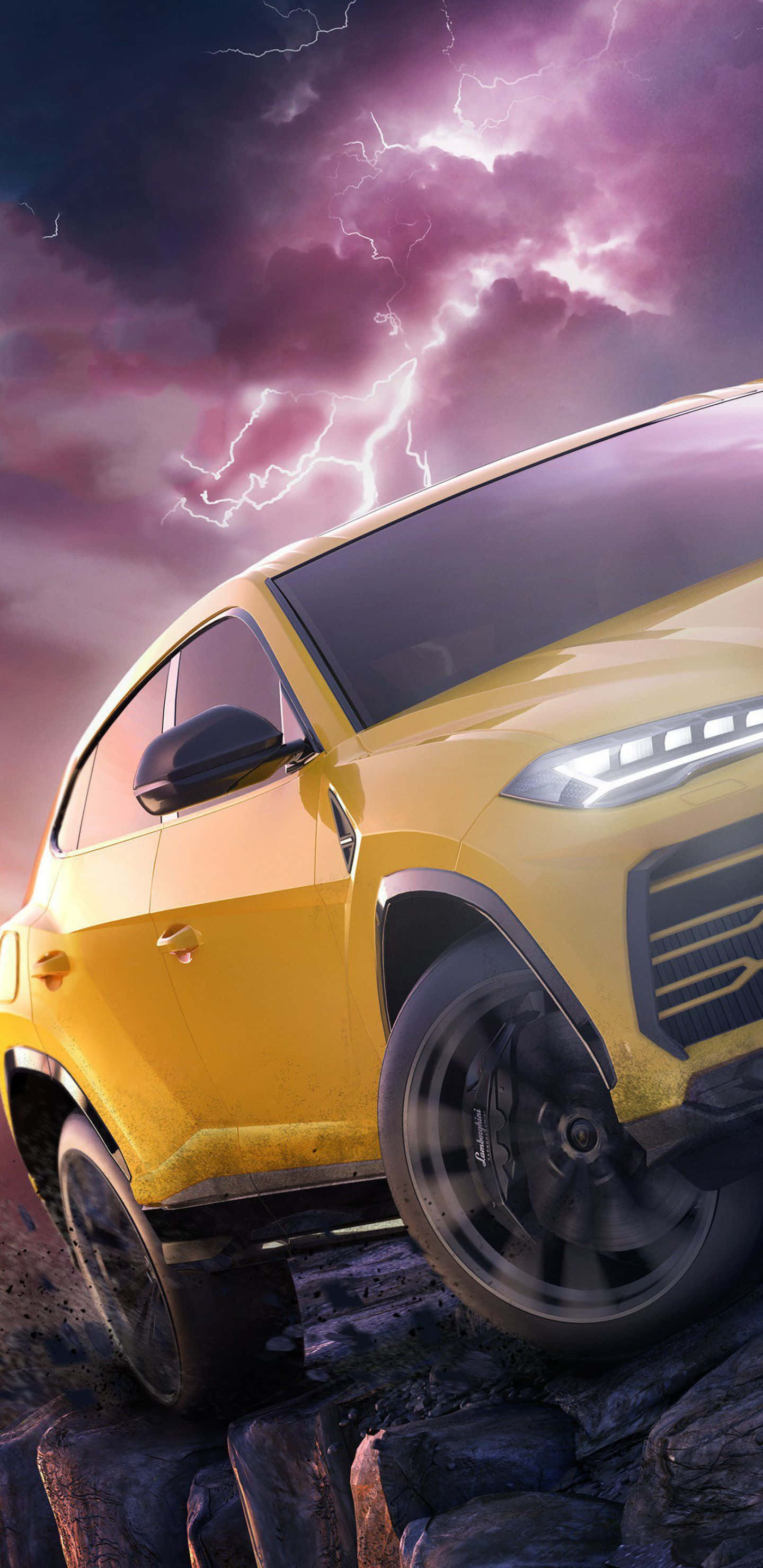 A Yellow Suv Driving Through A Storm