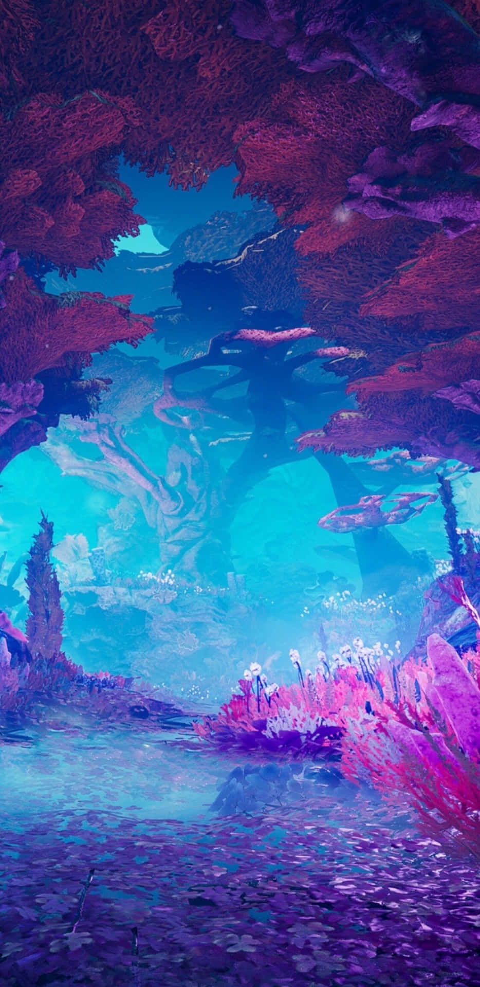 A Purple And Blue Landscape With A Lot Of Water