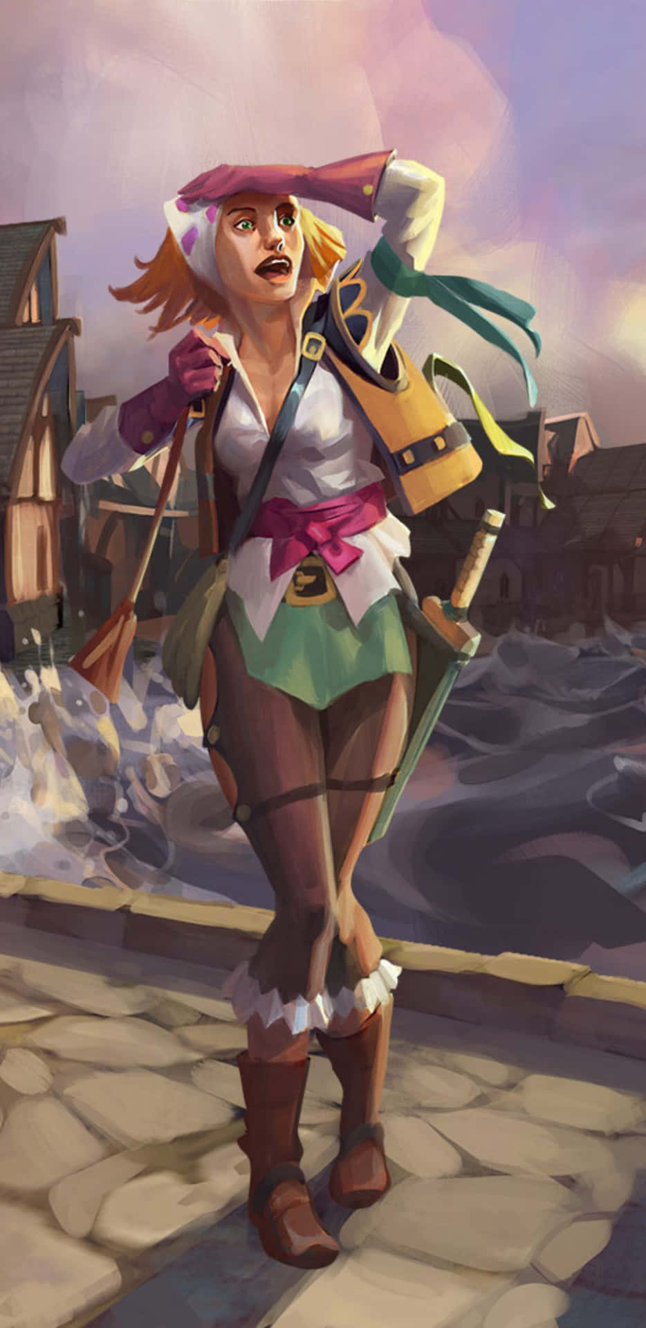 a girl in a pirate costume is standing on a street