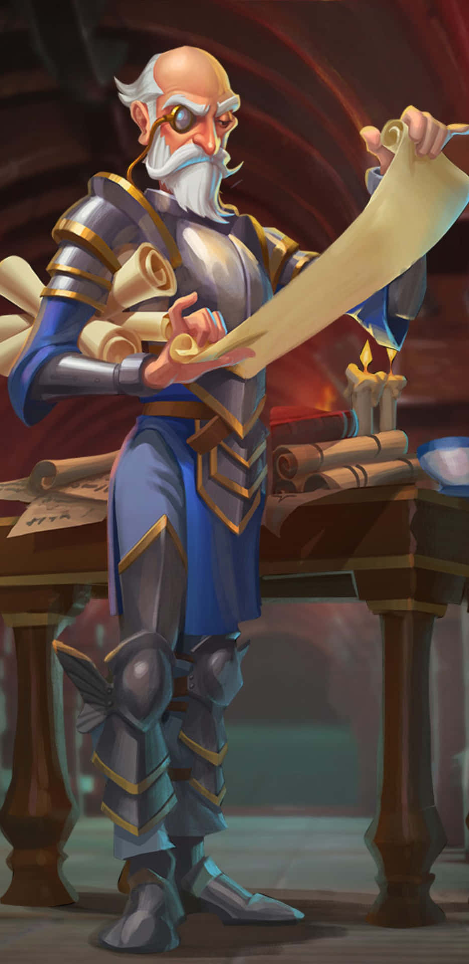 a character in a knight's armor is holding a scroll