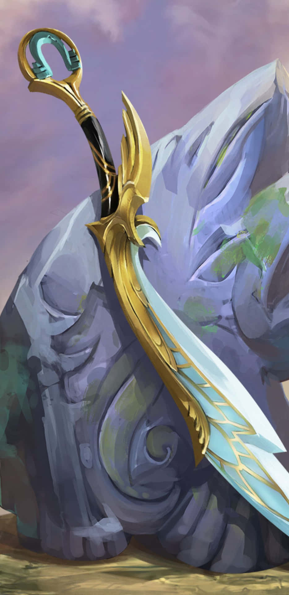 Et sværd med et blåt og gulddesign på det