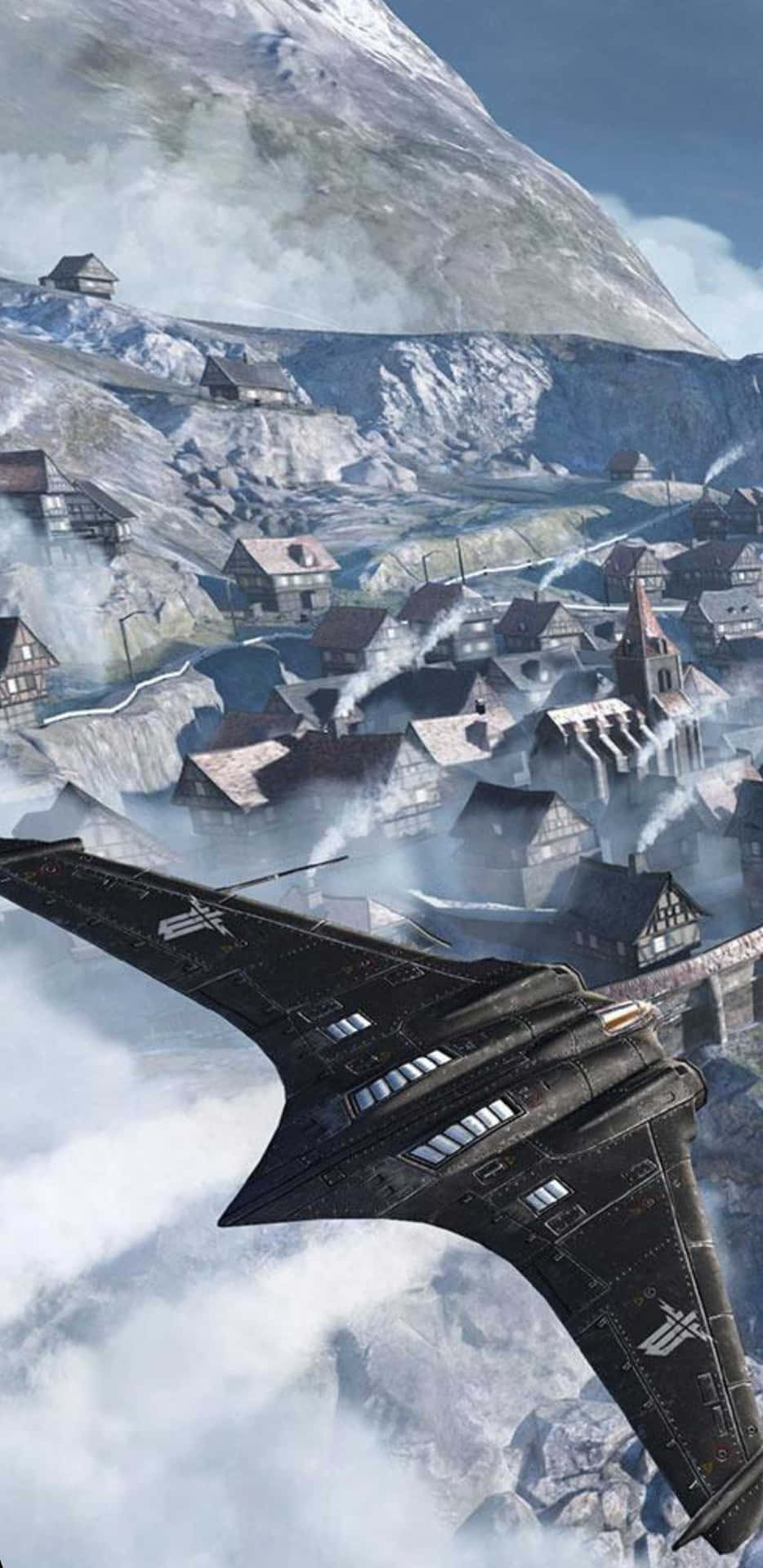 A Black Jet Flying Over A Snowy Town