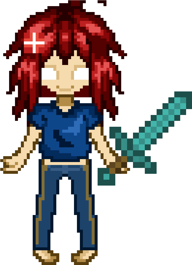 Pixel Art Character With Diamond Sword PNG