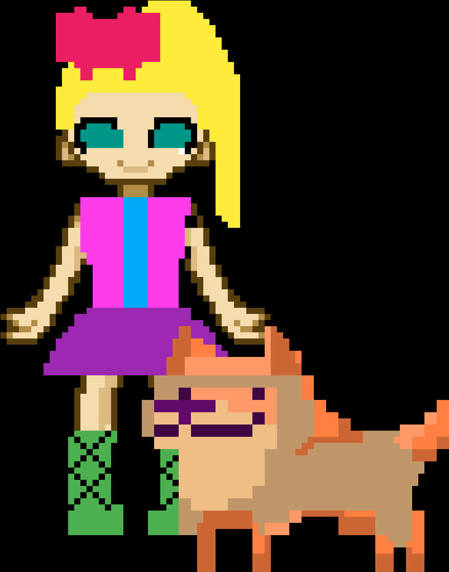 Pixel Art Girlwith Bowand Pet Dog PNG