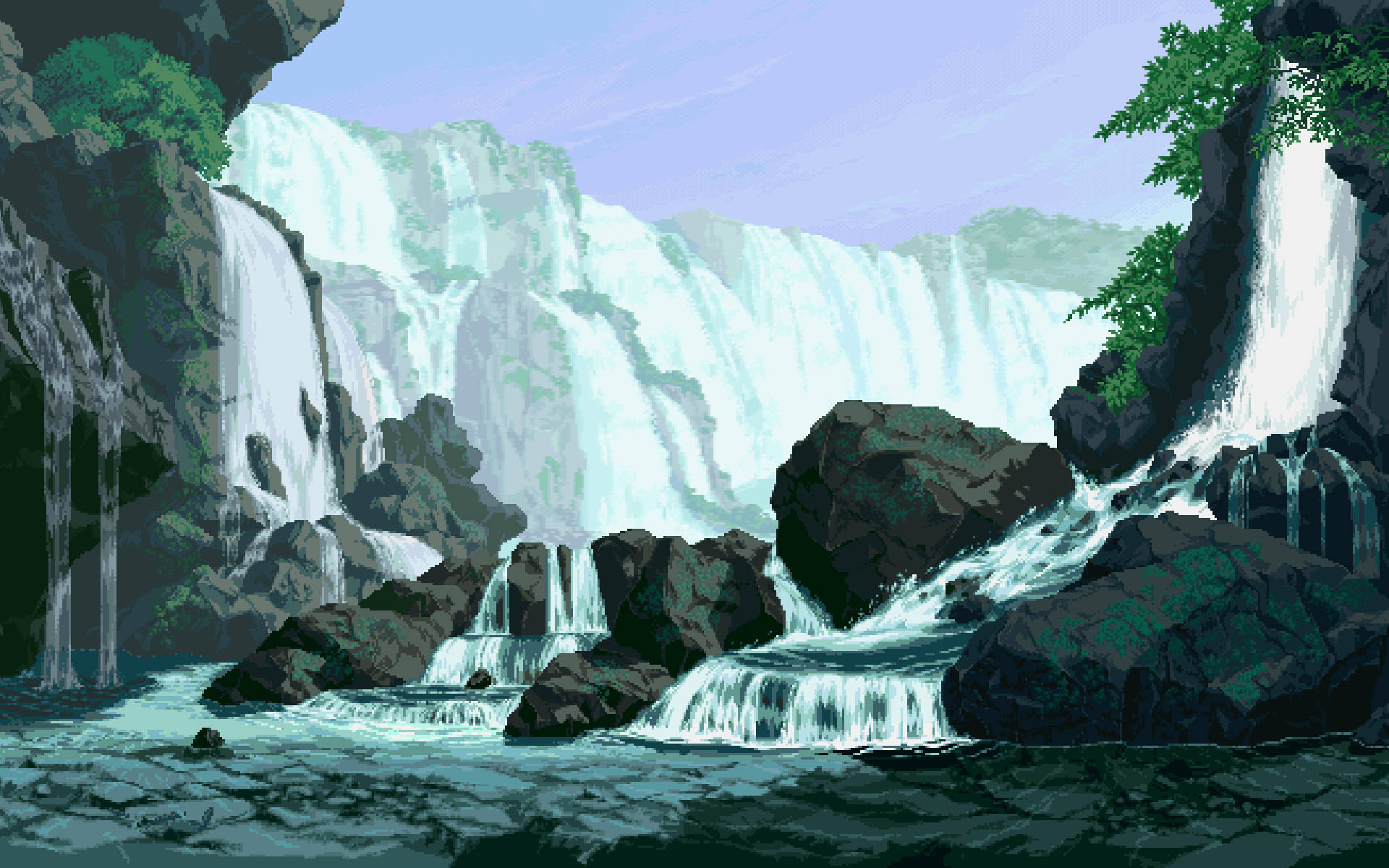 Pixel Art Mountain And Rocky Falls Wallpaper