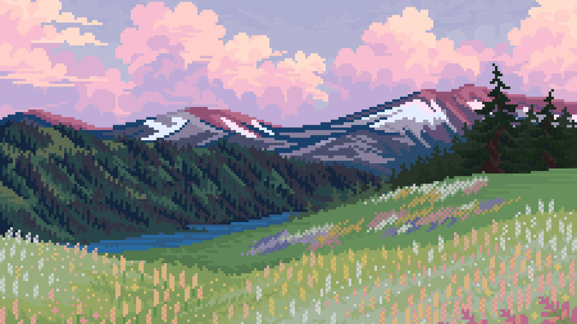 Pixelkunst Af Et Bjerglandskab Med Blomster Og Græs.