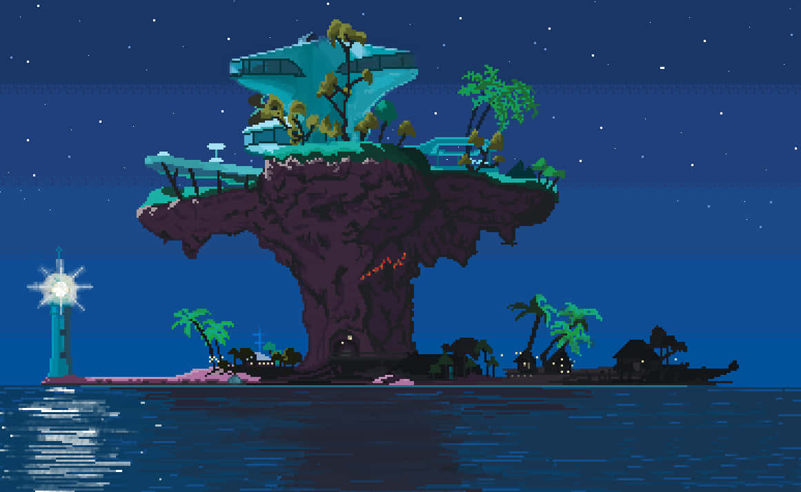 Et pixel art billede af en lille ø med et fyrtårn og en mand der fisker Wallpaper