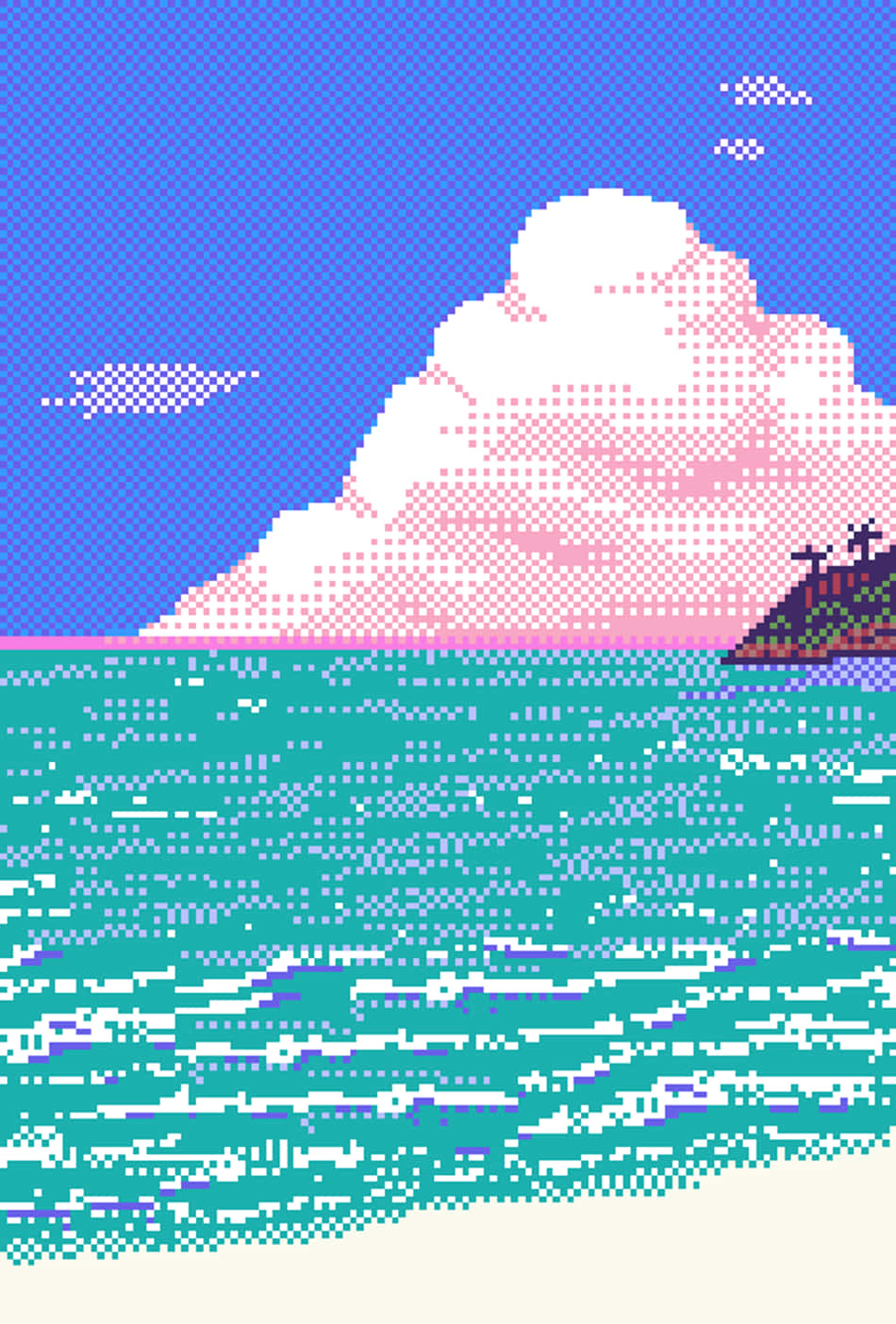 En pixeleret billede af en strand med en skyfri blå himmel. Wallpaper