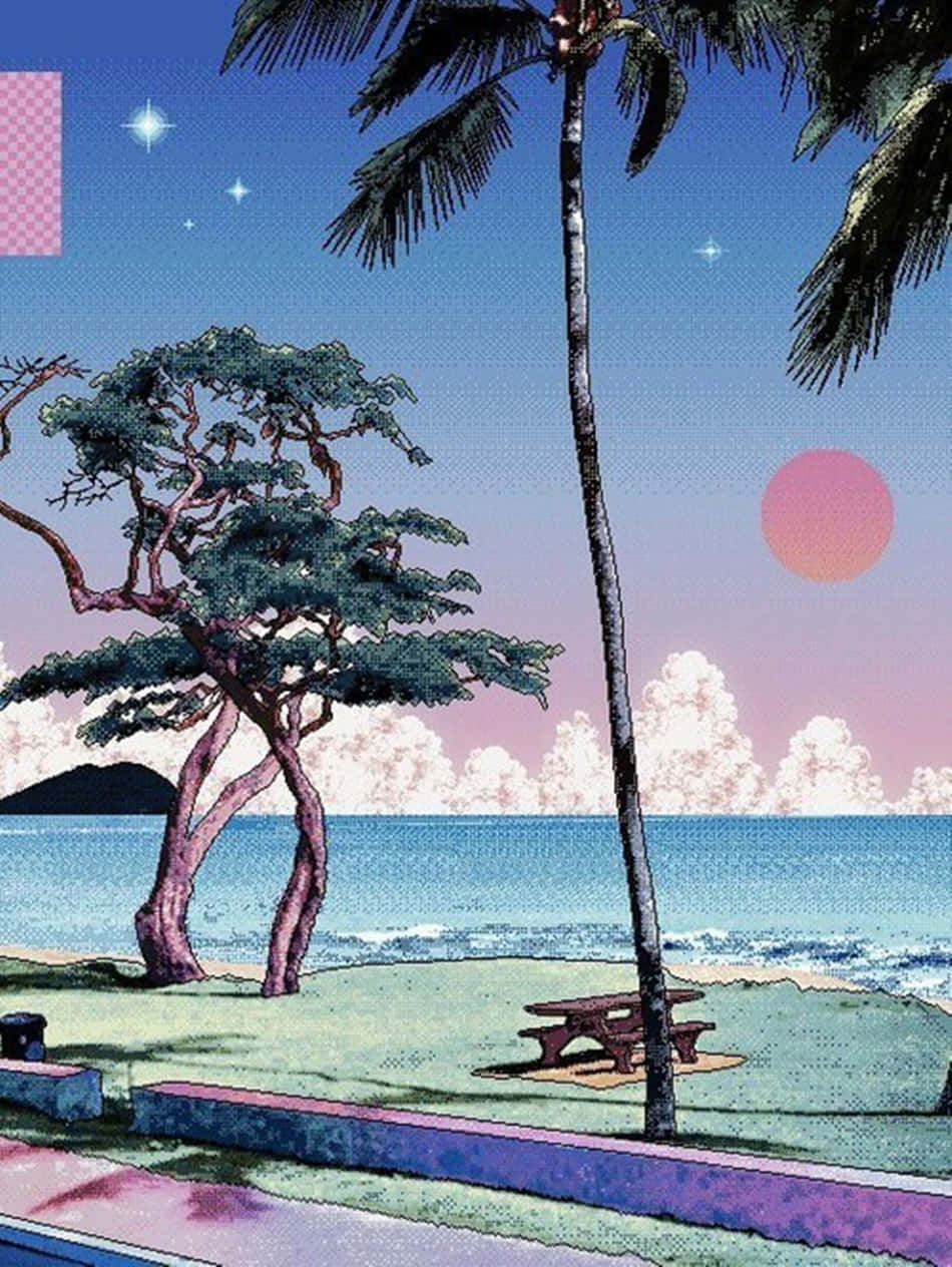 "Walking along the tranquil Pixel Beach." Wallpaper