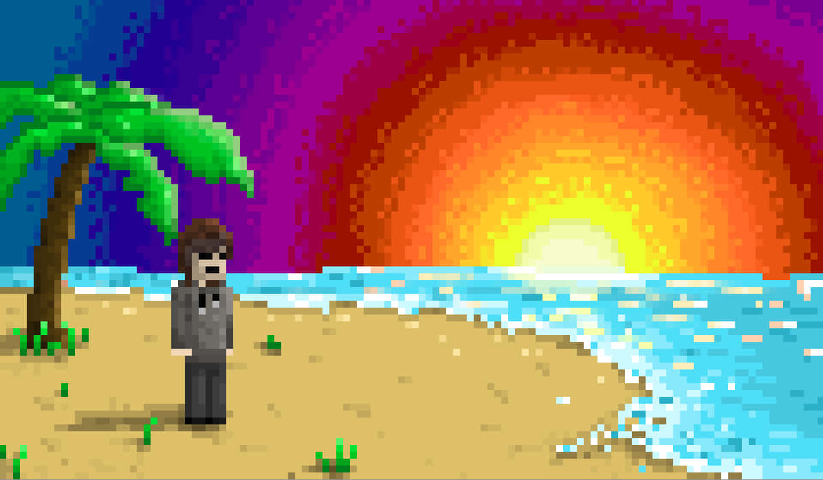 Et pixeliseret billede af en mand, der står på stranden med en hat. Wallpaper