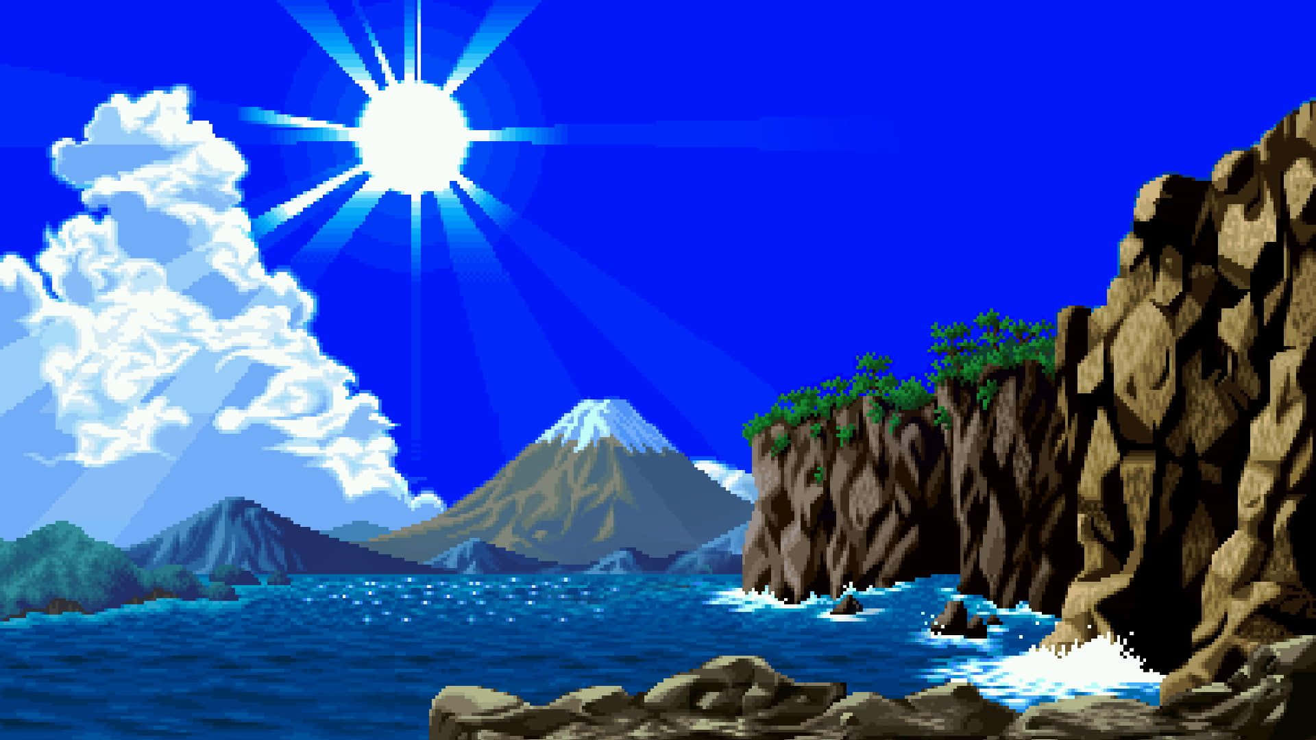 Pixel Beach Mountains And Sun Wallpaper