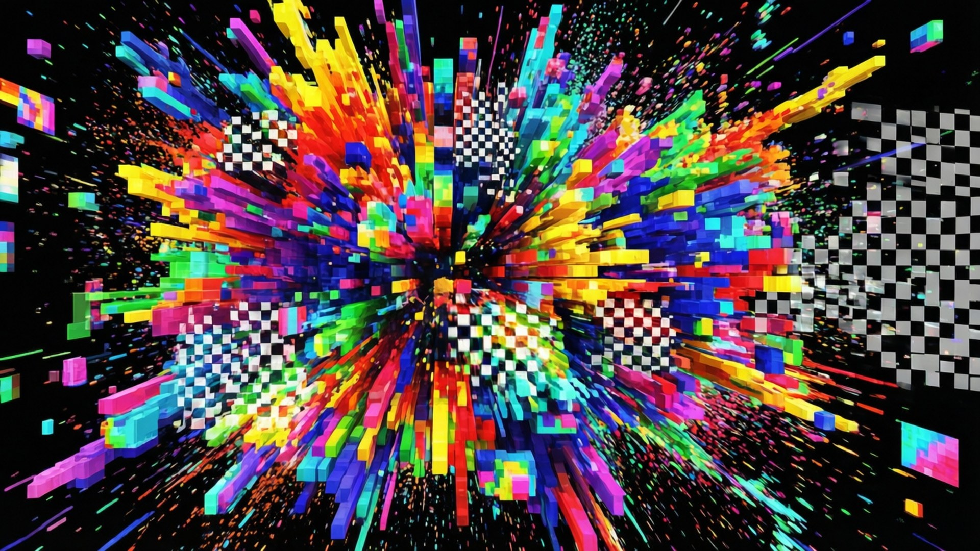 An energetic burst of pixels and transparent checkerboard with video frames.