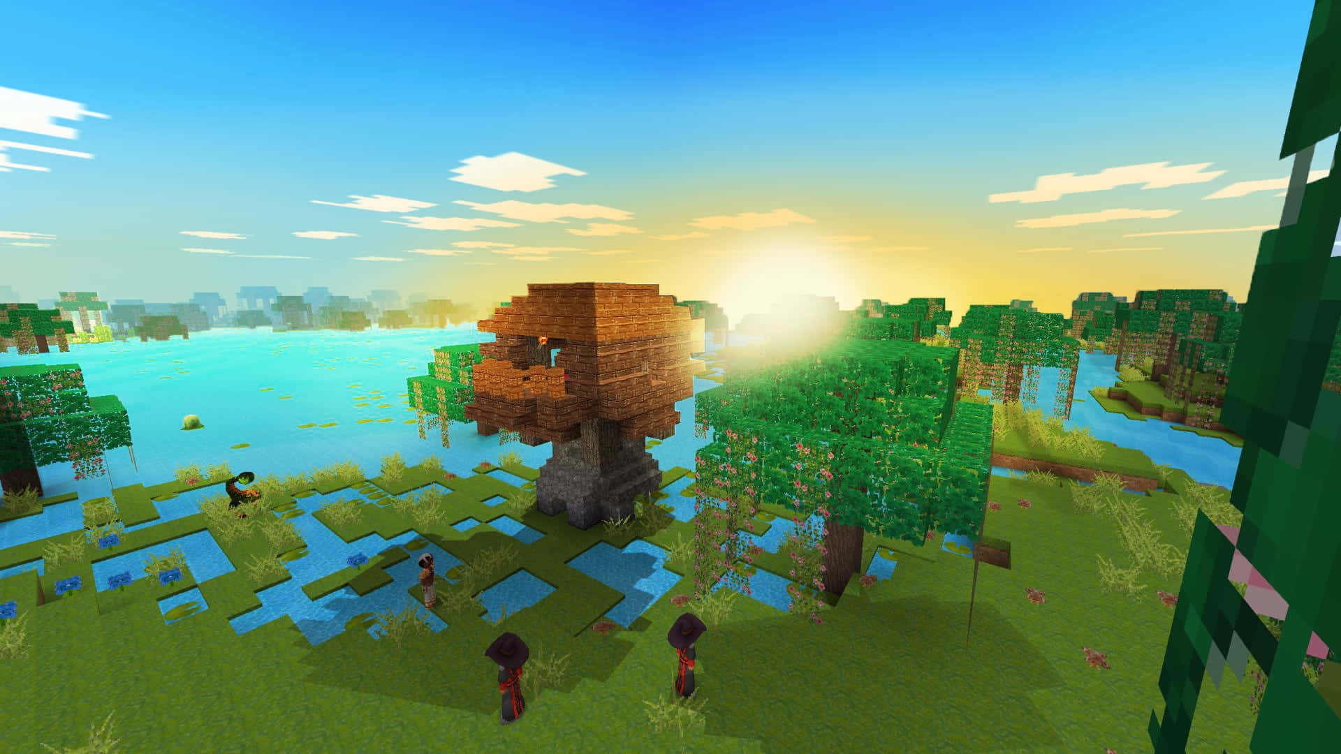 A Screenshot Of A Minecraft Game With Trees And A Lake